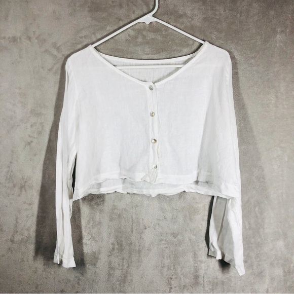None Tops - Cropped Button Down Boxy Top Women’s M/L White Linen Coastal Casual Minimalist